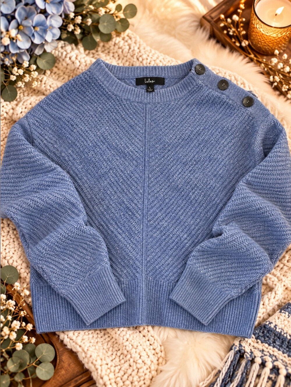 Lulus Blue Textured Knit Wool Blend Button Shoulder Sweater Size L